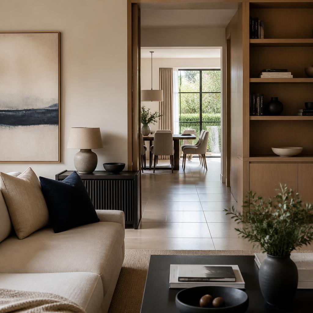A carefully furnished living room opening into a bright dining room